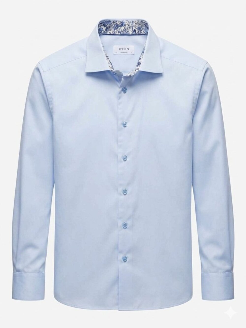 Men's Eton Light Blue Twill Shirt with Floral Collar and Cuffs - Men's 17/45